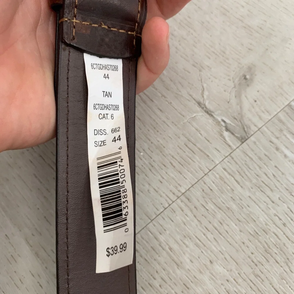 Mens Tan Brown Leather Stitched Belt Matte Black Buckle Size 44 6CTGDHAS70268